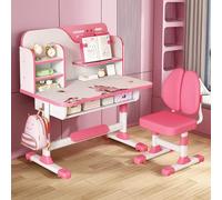 Ensemble bureau et chaise pour enfants, table d'étude ergonomique avec double chaise de soutien dorsal, support de livre, tiroir de rangement, motif astronaute (rose)