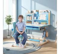 Ensemble bureau et chaise pour enfants, table d'étude inclinable de 0 à 50 degrés, bureau d'écriture, tiroir de rangement, étagère pour garçons et filles (bleu)