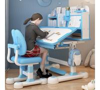 Ensemble bureau et chaise pour enfants, table d'étude réglable en hauteur avec motif astronaute, chaise de bureau ergonomique avec grand tableau, bibliothèque et tiroir (bureau inclinable réglable,