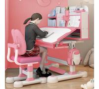 Ensemble bureau et chaise pour enfants, table d'étude réglable en hauteur avec motif astronaute, chaise de bureau ergonomique avec grand tableau, bibliothèque et tiroir (bureau inclinable et réglable,