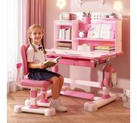 Ensemble bureau et chaise réglables pour enfants avec séparateurs et tiroirs, bureau d'étude avec chaise ergonomique, table et chaises pour enfants pour écrire, lire (rose)