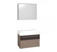 Ensemble burgbad Yumo lavabo en céramique avec meuble sous-lavabo, y compris armoire de toilette, largeur : 815mm, SFKZ082F3718G0179, Couleur: Chêne Dekor Flanelle Mélamine / Chêne Dekor Flanelle Méla