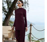 Ensemble burkini bordeaux à taille haute pour femmes avec Top à col rond et manches longues. Maillot de bain décontracté à haute élasticité pour les vacances d'automne, d'hiver, à la plage et en été L