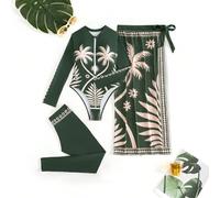 Ensemble burkini modeste pour femmes avec Top à manches longues, pantalon long et jupe en maille, imprimé palmiers, maillot de bain élégant pour vacances sur l'île L,M,S,XLPlantesÉtoffe