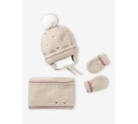 Ensemble c?urs brodés bonnet, snood et moufles bébé beige doré 24/36M(86/97)