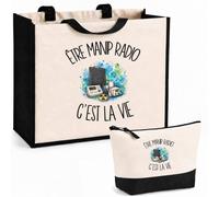 Ensemble Cabas et Trousse Être manip radio c'est la vie | Sac Coton et Jute 21 L avec Trousse Zippée 3 L Assortie | Anses 60 cm | Cadeau Professionnel et Professionnelle de Santé Anniversaire