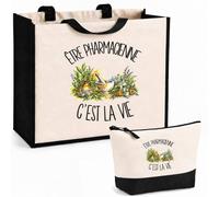 Ensemble Cabas et Trousse Être pharmacienne c'est la vie | Sac Coton et Jute 21 L avec Trousse Zippée 3 L Assortie | Anses 60 cm | Cadeau Professionnel et Professionnelle de Santé Anniversaire
