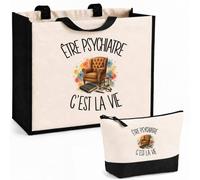Ensemble Cabas et Trousse Être psychiatre c'est la vie | Sac Coton et Jute 21 L avec Trousse Zippée 3 L Assortie | Anses 60 cm | Cadeau Professionnel et Professionnelle de Santé Mentale Anniversaire