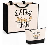 Ensemble Cabas et Trousse Je le ferai demain - Gerbille | Sac Coton et Jute 21 L avec Trousse Zippée 3 L Assortie | Anses 60 cm | Cadeau Anniversaire | Humour Flemme Paresseux Procrastination