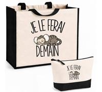 Ensemble Cabas et Trousse Je le ferai demain - Ouistiti | Sac Coton et Jute 21 L avec Trousse Zippée 3 L Assortie | Anses 60 cm | Cadeau Anniversaire | Humour Flemme Paresseux Procrastination