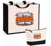 Ensemble Cabas et Trousse Je vais goûter, pour voir. Expressions Françaises | orange | Sac Coton et Jute 21 L avec Trousse Zippée 3 L Assortie | Anses 60 cm | Idée Cadeau Gourmand Gourmande Noël Merci