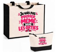 Ensemble Cabas et Trousse Je vais pas pousser mémé dans les orties Expressions Françaises | rose | Sac Coton et Jute 21 L avec Trousse Zippée 3 L Assortie | Anses 60 cm | Idée Cadeau Noël Merci