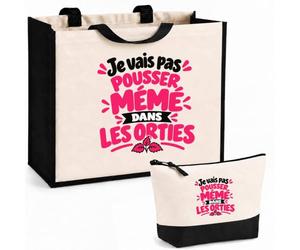 Ensemble Cabas et Trousse Je vais pas pousser mémé dans les orties Expressions Françaises | rose | Sac Coton et Jute 21 L avec Trousse Zippée 3 L Assortie | Anses 60 cm | Idée Cadeau Noël Merci