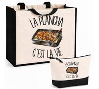 Ensemble Cabas et Trousse La plancha c'est la vie | Sac Coton et Jute 21 L avec Trousse Zippée 3 L Assortie | Anses 60 cm | Cadeau Cuisinier du Dimanche Anniversaire