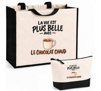Ensemble Cabas et Trousse La vie est plus belle avec le chocolat chaud | Modèle 2, Sac Coton et Jute 21 L avec Trousse Zippée 3 L Assortie, Anses 60 cm, Idée Cadeau Noël Merci