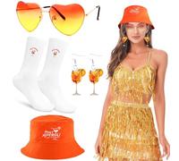 Ensemble Cadeau Aperol Spritz pour Femme - 4 Pièces Bobs brodés Chapeau, Chaussettes, Lunettes Cœur & Boucles d'oreilles - Cadeau Anniversaire Noël (FR/ES, Numérique, 58, 60, Holy aperoli -Orange)