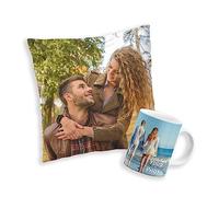 Ensemble cadeau comprenant un coussin et une tasse personnalisables avec votre image, photo et texte, cadeau d'anniversaire, baisers photo et tasse photo [091] [117]
