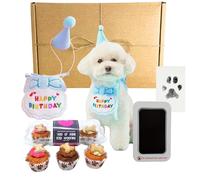Ensemble cadeau d'anniversaire pour chien pour lui - Comprend un mini gâteau en forme de bois, un bavoir et un chapeau bleu Happy Birthday pour chien, un gâteau de bougie en bois glacé et un tampon en