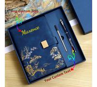 Ensemble cadeau de cahier de paysage de bambou avec logo de texte personnalisé format A5. L'ensemble comprend un cahier + un stylo + un recharge + une boîte cadeau. Le cahier et le stylo sont disponib