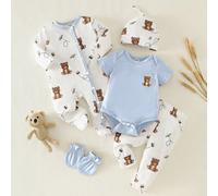 Ensemble cadeau de cinq pièces pour nouveau-nés garçons, printemps-été, avec des motifs mignons et ludiques d'ours et d'abeille. La palette de couleurs marron et abricot crée un look harmonieux, innoc