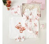 Ensemble cadeau de naissance blanc d'automne mignon pour bébé, imprimé adorable ours & nœud rose, body tout-en-un assorti, pyjama pied, bonnet, couverture & moufles en tissu doux 6-9M,0-1M,1-3M,3-6MCa