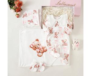 Ensemble cadeau de naissance blanc d'automne mignon pour bébé, imprimé adorable ours & nœud rose, body tout-en-un assorti, pyjama pied, bonnet, couverture & moufles en tissu doux 6-9M,0-1M,1-3M,3-6MCa