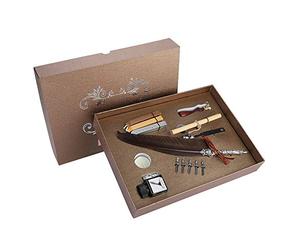 Ensemble cadeau de stylo d’écriture à plume rétro, stylo à plume vintage à tremper avec pointe en acier inoxydable et flacon d’encre vide, set de calligraphie de style européen (Café corsé)