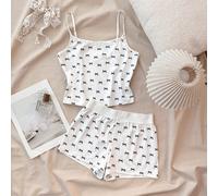 Ensemble Camisole à nœud papillon blanc avec garniture en dentelle et short ultra court, style Clean Girl/Y2K, printemps/été pour adolescentes, Saint-Valentin, maison 14Y,13Y,16Y,15YGéométrique,Plante