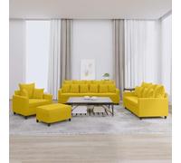 Ensemble canapé 4 pièces Velours Jaune avec 9 Grands Coussins et 12 Petits Coussins, Structure métal et contreplaqué, Dimensions variées, Comprenant Fauteuil, canapé 2 et 3 Places