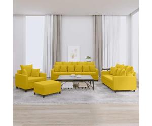 Ensemble canapé 4 pièces Velours Jaune avec 9 Grands Coussins et 12 Petits Coussins, Structure métal et contreplaqué, Dimensions variées, Comprenant Fauteuil, canapé 2 et 3 Places