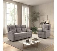 Ensemble canapé élec 3pl + fauteuil relax tissu gris clair - MELILLA