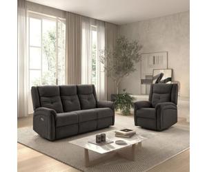 Ensemble canapé élec 3pl + fauteuil relax tissu gris foncé - MELILLA