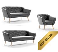 Ensemble canapé Ensemble salon gris Canapé 3+2+1 places Pieds en bois hauts en velours hêtre