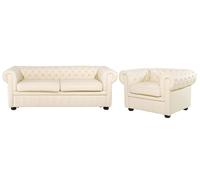 Ensemble Canapé et Fauteuil en Cuir Crème Dossier à Points Diamant Chesterfield