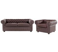 Ensemble Canapé et Fauteuil en Cuir Marron Dossier à Points Diamant Chesterfield