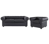 Ensemble Canapé et Fauteuil en Cuir Noir Dossier à Points Diamant Chesterfield