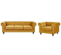 Ensemble canapé et fauteuil en velours jaune moutarde 4 places CHESTERFIELD
