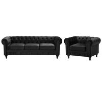 Ensemble canapé et fauteuil en velours noir 4 places CHESTERFIELD
