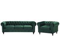 Ensemble canapé et fauteuil en velours vert 4 places CHESTERFIELD