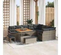 Ensemble canapé jardin 12 pièces avec coussins en rattan gris acacia, Ensemble salle à manger jardin 3 pièces avec coussins en rattan gris acacia, Canapé jardin 2 places avec coussins en rattan gris