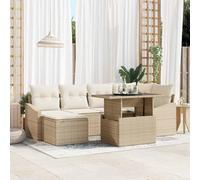 Ensemble Canapé Jardin 7 Pièces avec Coussins Beige Crème, Salon Exterieur Modulaire en Polyrotin Résistant UV, Meuble Terrasse avec Table et Pouf pour 6 Personnes, Confortable et Design Moderne