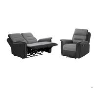 Ensemble canapé relax LÉON 2 places + fauteuil manuel en microfibre et simili Gris/Noir - LOUNGITUDE