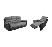 Ensemble canapé relax manuel LÉON 3 pl + fauteuil manuel en microfibre et simili Gris/noir - LOUNGITUDE