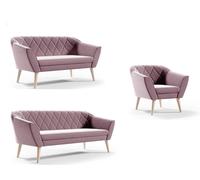 Ensemble canapé salon rose 3+2+1 places velours haut pieds bois hêtre