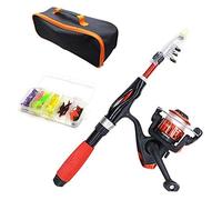 Ensemble canne à pêche télescopique pour enfants et moulinet avec poignée de ligne de pêche, etc. Sac de voyage, pour débutants, garçons et filles (rouge)