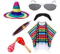 Ensemble Cape À Rayures Mexicaines, Chapeau Mexicain, Lunettes De, Tuyau De Fumée, Poncho, Costume Fantaisie Mexicain Sombrero, Costumes Habillés