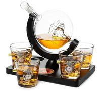 Ensemble carafe à whisky U.S. Marine Globe avec 4 verres à liqueur - Coffret cadeau pour vétéran de la marine avec base en bois d'acajou et emblème - Cadeaux pour homme, drapeau américain - Bourbon et
