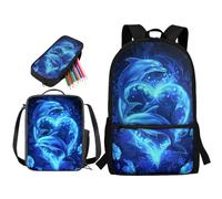Ensemble cartable et sac à déjeuner pour tout-petit, sac à dos léger de 43,2 cm et trousse à crayons, pour garçons et filles, étudiant, pour l'école primaire, Fleur de dauphin Love - Bleu, Taille