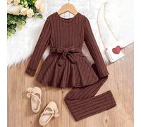 Ensemble casual 2 pièces pour jeune fille comprenant un t-shirt à col d'équipe à manches longues et un pantalon à taille nouée en couleur unie pour le printemps/été 6Y,7Y,4Y,5YUnicoloreTissu tricoté