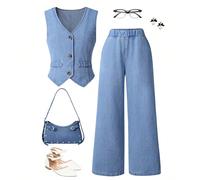 Ensemble casual en jean pour préadolescentes, Top sans manches col V de base assorti à un jean droit ample, convient pour la plage, les vacances, les fêtes décontractées et les jours fériés au printem